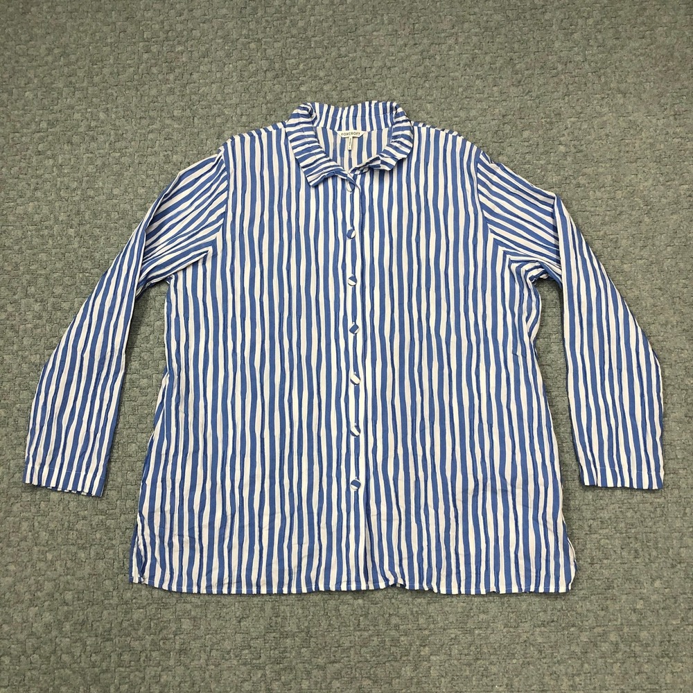 Foxcroft Shirt Womens XL Blue White Striped Button Front Pockets Tunic Top